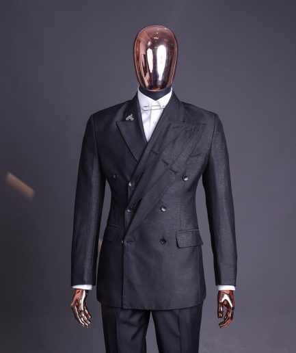 A “quad” charcoal black, 8 button, knitted,Peak lapel “4” breasted suit