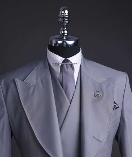 A Dark cloud grey, knitted, peak lapel suit, double breasted waist coat & pant Trouser