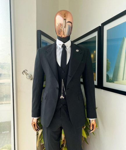 A Steel Black, Seer Sucker Fabric, Knitted, Peak Lapel Suit