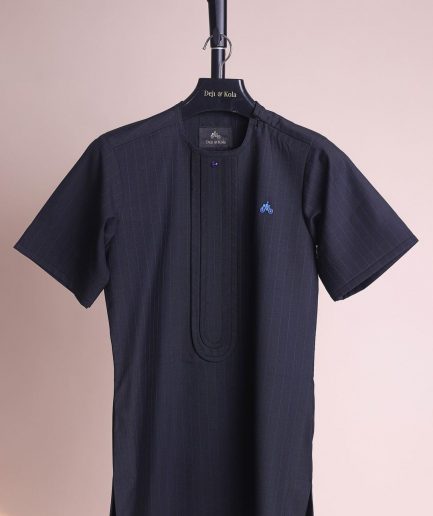 A charcoal black and admiral blue pencil stripe, invisible neckline zip line with layered front flap details, short sleeve African senator kaftan native.