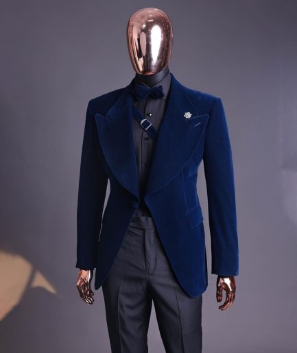 A Midnight Blue, Soaked Velvet Fabric, Knitted, Wide Peak Lapel Tuxedo Suit.