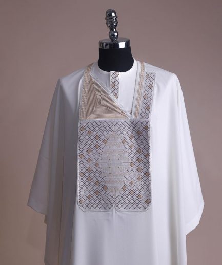 An Ivory white, chinoiserie chic pagoda with layers metallic wire embroidery details agbada