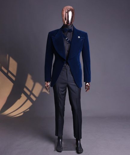 A Midnight Blue, Soaked Velvet Fabric, Knitted, Wide Peak Lapel Tuxedo Suit.