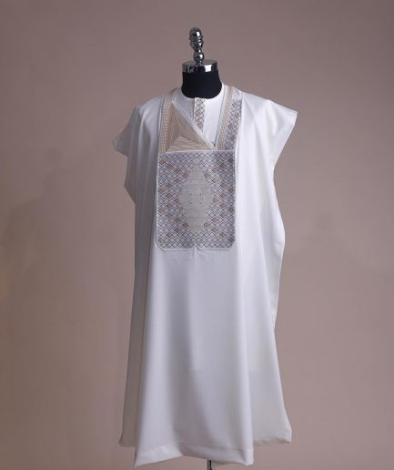 An Ivory white, chinoiserie chic pagoda with layers metallic wire embroidery details agbada