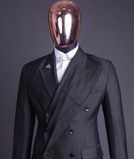 A “quad” charcoal black, 8 button, knitted,Peak lapel “4” breasted suit
