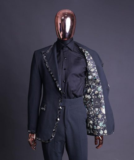 A Steel Black, Seer Sucker Fabric, Knitted, Peak Lapel Suit
