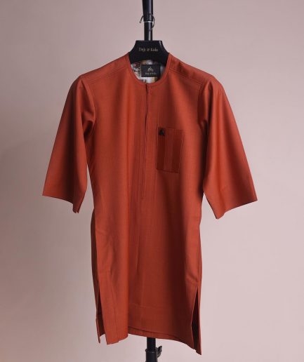 A fire orange and black pencil stripe, zipline, 3/4 sleeve African senator kaftan native.