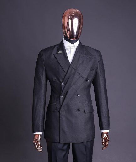 A “quad” charcoal black, 8 button, knitted,Peak lapel “4” breasted suit