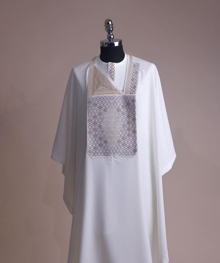 An Ivory white, chinoiserie chic pagoda with layers metallic wire embroidery details agbada