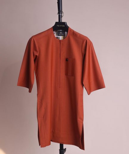 A fire orange and black pencil stripe, zipline, 3/4 sleeve African senator kaftan native.