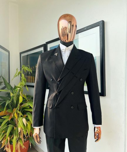 A “quad” charcoal black, 8 button, knitted,Peak lapel “4” breasted suit