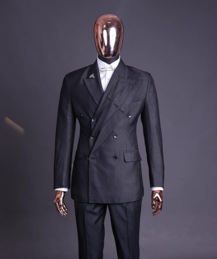 A “quad” charcoal black, 8 button, knitted,Peak lapel “4” breasted suit