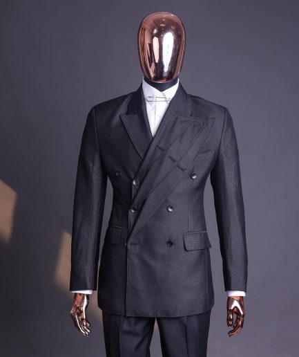 A “quad” charcoal black, 8 button, knitted,Peak lapel “4” breasted suit