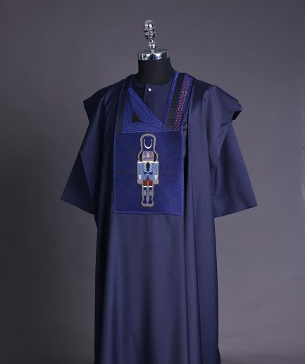 A Navy blue, central head of pagoda embroidery details agbada