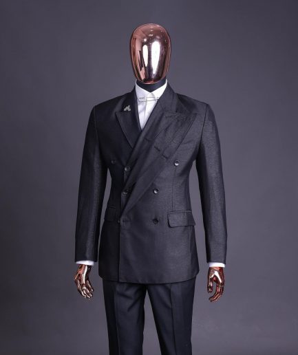 A “quad” charcoal black, 8 button, knitted,Peak lapel “4” breasted suit