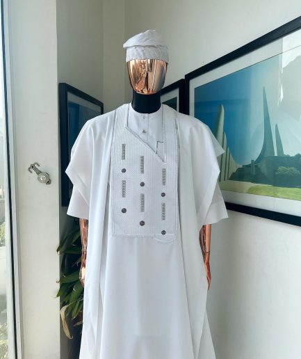 A White, Layered Dropping Swarovski Pleats, Dotted Metallic Wire Embroidery Details Agbada