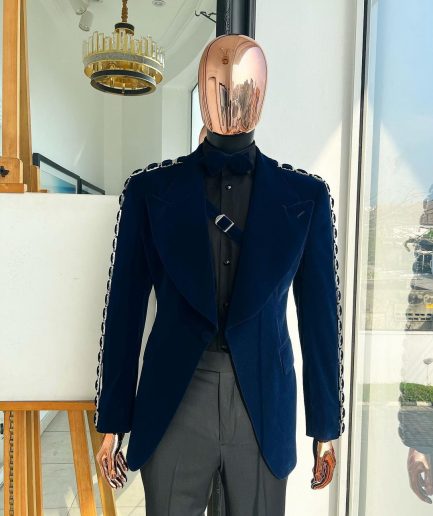 A Midnight Blue, soaked velvet fabric, knitted, wide peak lapel tuxedo suit