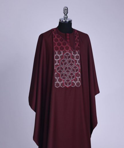 A burgundy, Connected inverted cube -layered 3D embroidery design with splashed burgundy ss30 Swarovski stone details Agbada