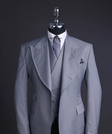 A Dark cloud grey, knitted, peak lapel suit, double breasted waist coat & pant Trouser