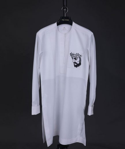 A white, front flap, Zip line with crown to Golgotha embrodery details African senator kaftan native.