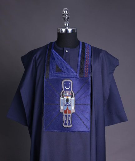 A Navy blue, central head of pagoda embroidery details agbada