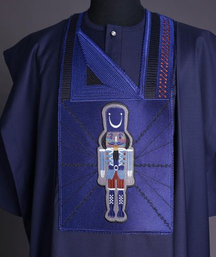 A Navy blue, central head of pagoda embroidery details agbada