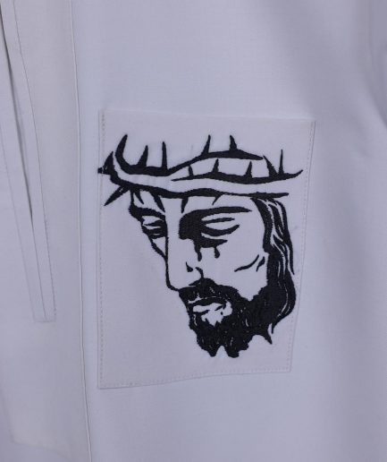 A white, front flap, Zip line with crown to Golgotha embrodery details African senator kaftan native.