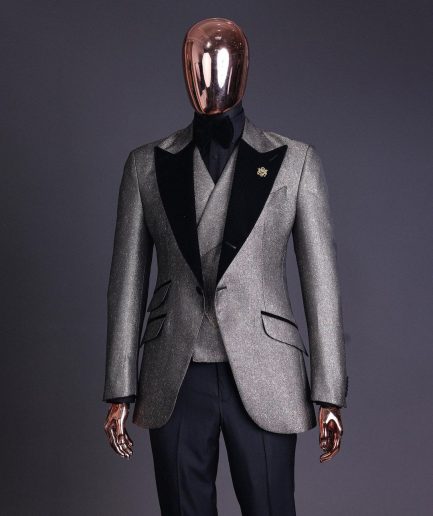 A Gold, black and silver mix metallic jacquard, peak lapel tuxedo suit