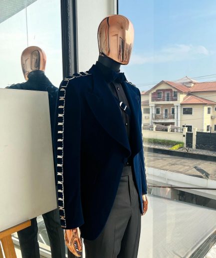 A Midnight Blue, soaked velvet fabric, knitted, wide peak lapel tuxedo suit