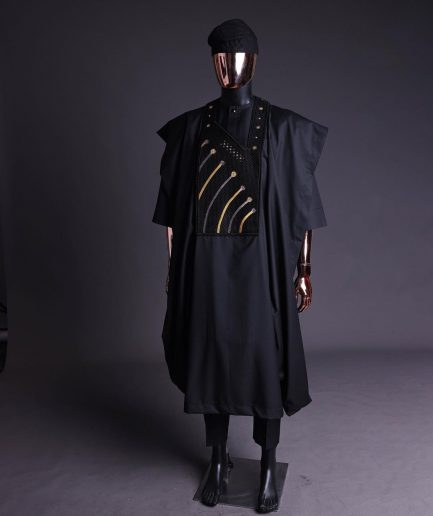 A Charcoal black, a thrown javelin metallic wire embroidery details agbada, 3/4 sleeve kaftan & sokoto
