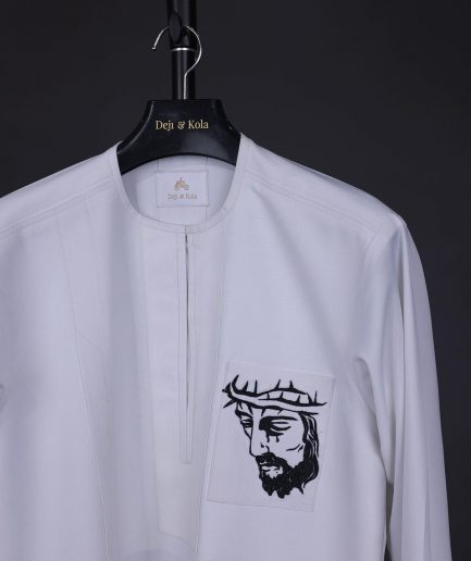 A white, front flap, Zip line with crown to Golgotha embrodery details African senator kaftan native.