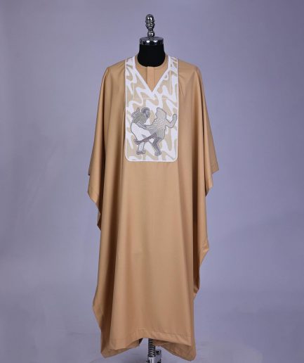 A Tortilla brown, dance with metallic wire embroidery details agbada