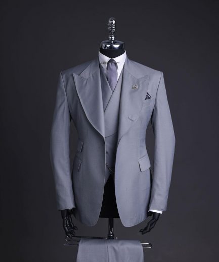 A Dark cloud grey, knitted, peak lapel suit, double breasted waist coat & pant Trouser