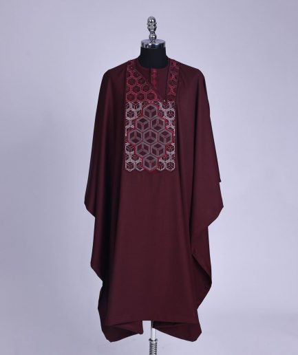 A burgundy, Connected inverted cube -layered 3D embroidery design with splashed burgundy ss30 Swarovski stone details Agbada