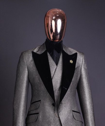A Gold, black and silver mix metallic jacquard, peak lapel tuxedo suit