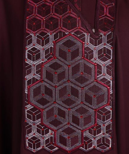 A burgundy, Connected inverted cube -layered 3D embroidery design with splashed burgundy ss30 Swarovski stone details Agbada
