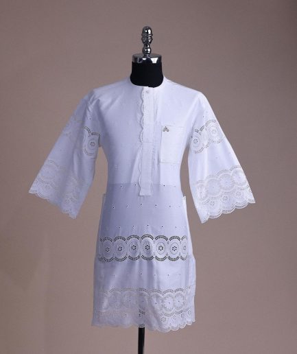 A bright white, Swiss patterned lace, front flap with side pattern, Swarovski button, 3/4 sleeve African kaftan native.