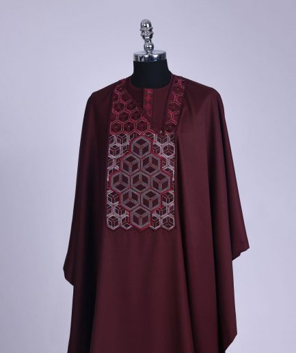 A burgundy, Connected inverted cube -layered 3D embroidery design with splashed burgundy ss30 Swarovski stone details Agbada