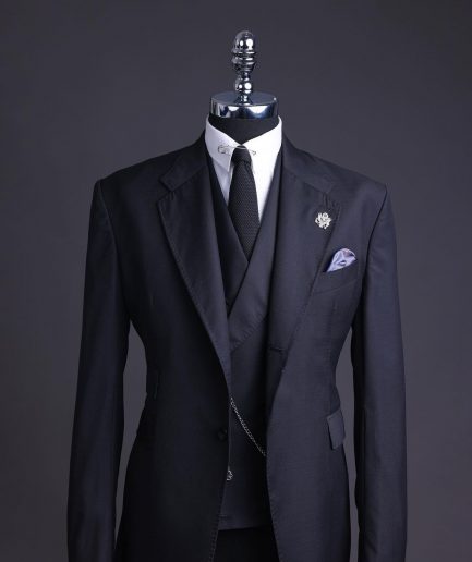 A Charcoal black, knitted, notch lapel suit