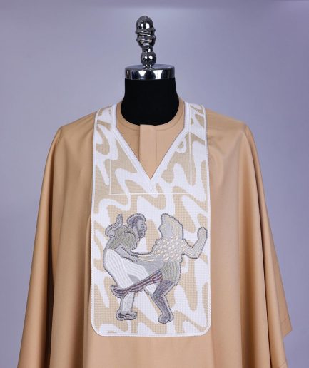 A Tortilla brown, dance with metallic wire embroidery details agbada