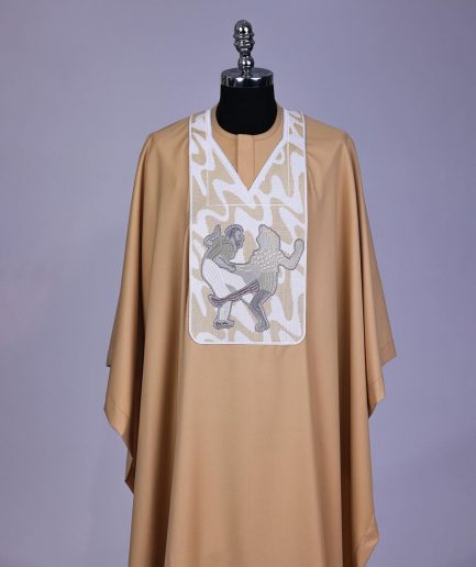 A Tortilla brown, dance with metallic wire embroidery details agbada