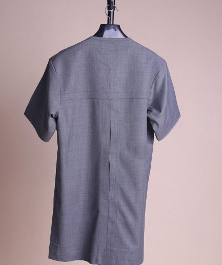 A Light grey, front flap with matching Swarovski button details, short sleeve African senator kaftan native.