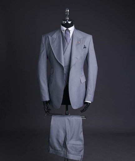 A Dark cloud grey, knitted, peak lapel suit, double breasted waist coat & pant Trouser