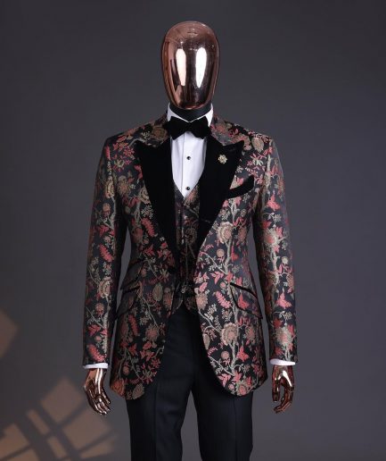 A Gold, peach & black mix metallic jacquard, peak lapel tuxedo suit