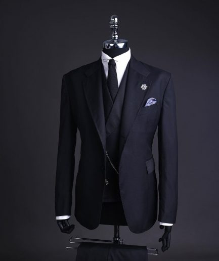 A Charcoal black, knitted, notch lapel suit