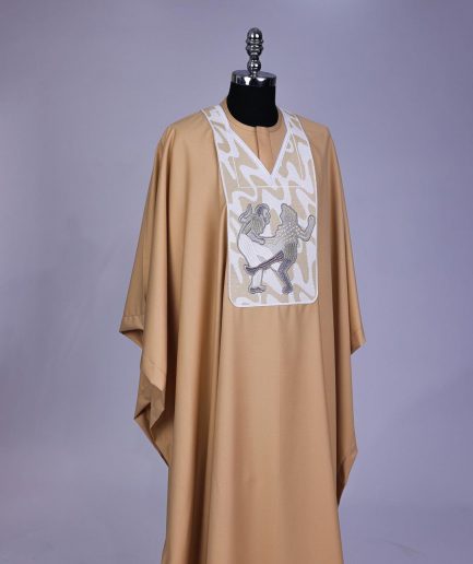 A Tortilla brown, dance with metallic wire embroidery details agbada