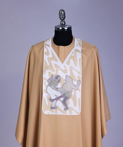 A Tortilla brown, dance with metallic wire embroidery details agbada
