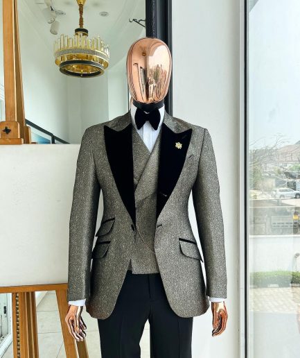 A Gold, Black And Silver Mix Metallic Jacquard, Peak Lapel Tuxedo Suit.
