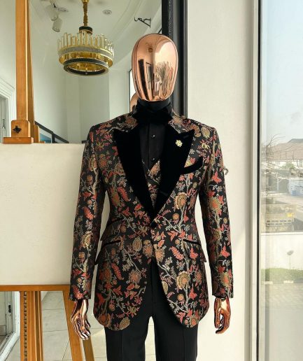 A Gold, peach and black mix metallic jacquard, peak lapel tuxedo suit