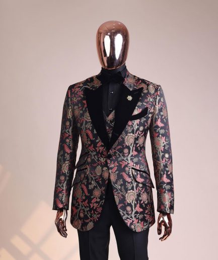 A Gold, peach and black mix metallic jacquard, peak lapel tuxedo suit